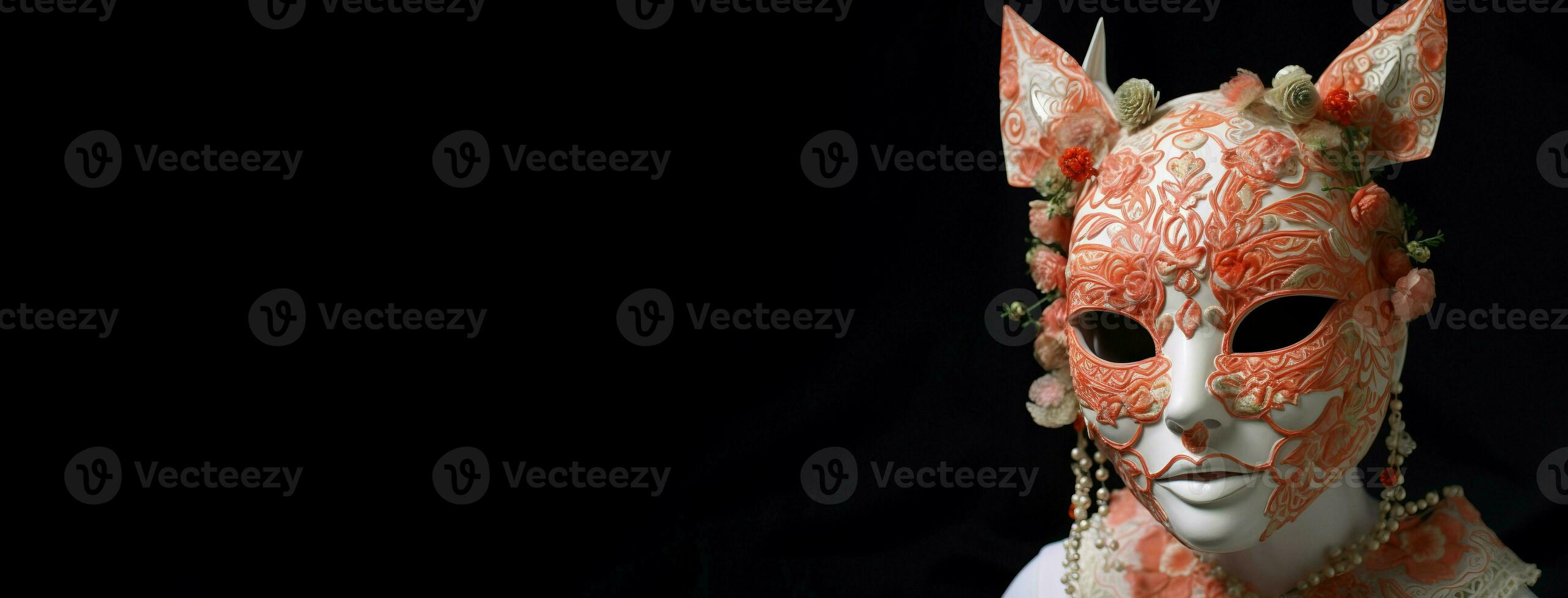 AI generated Embroidered rose coral figure kitsune masked female banner. Generate ai photo