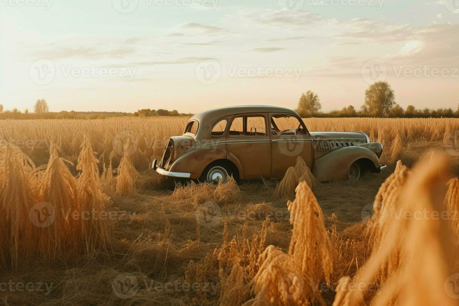 AI generated Broken retro car in golden wheat field. Generate ai photo