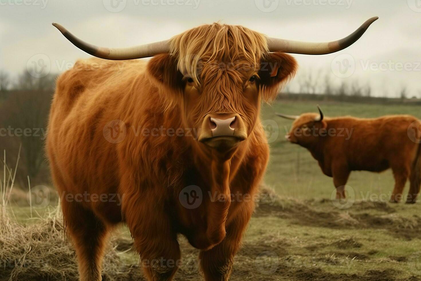 AI generated Highland brown furry cattle cow. Generate ai photo