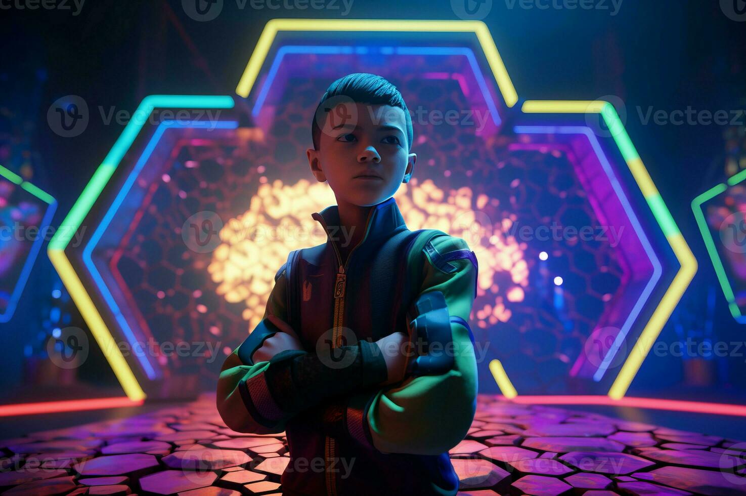 AI generated Kid gamer on radiant cyberpunk digital network. Generate ai photo