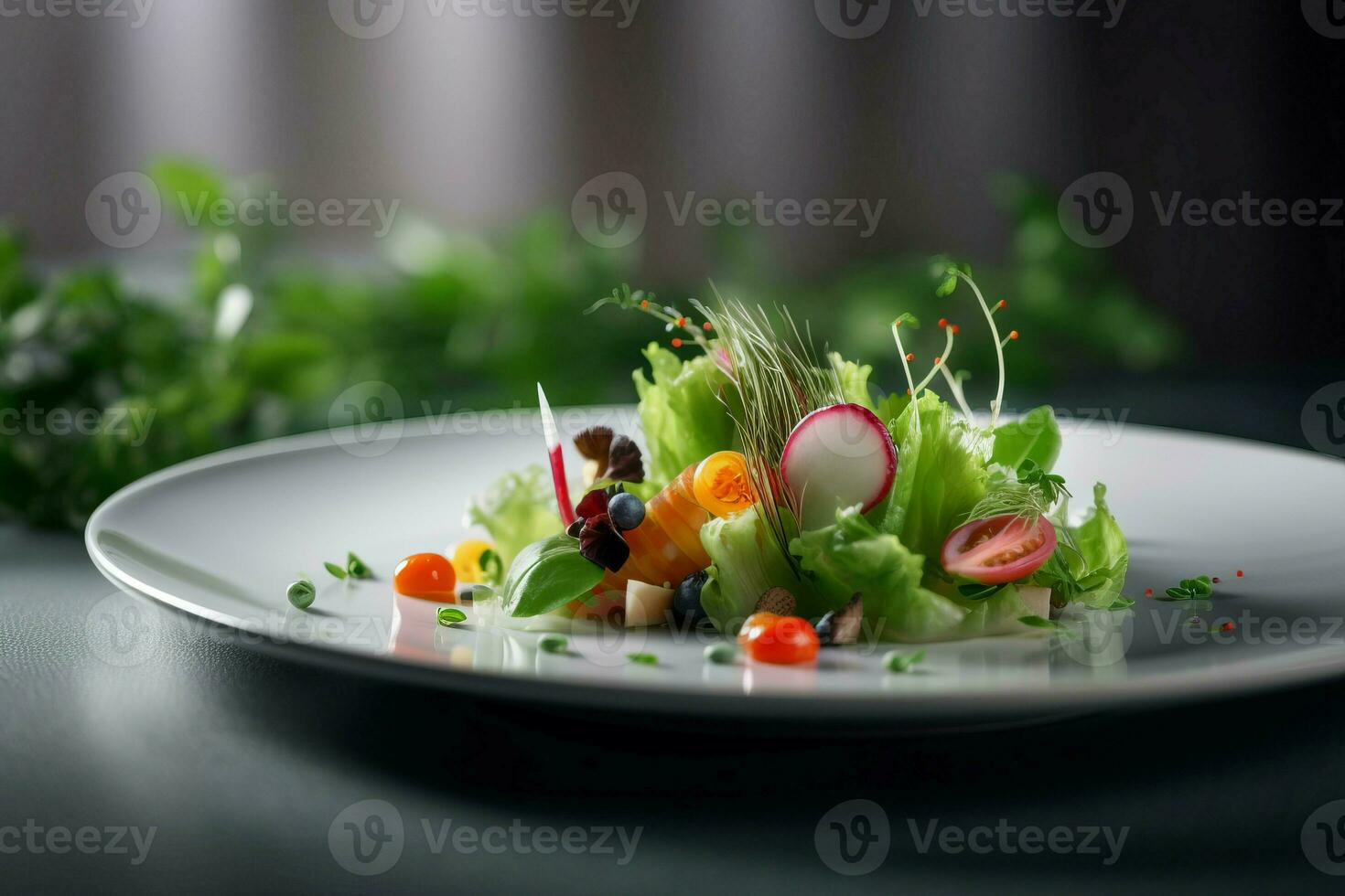 AI generated Freshly salad minimal on ceramic plate. Generate ai photo