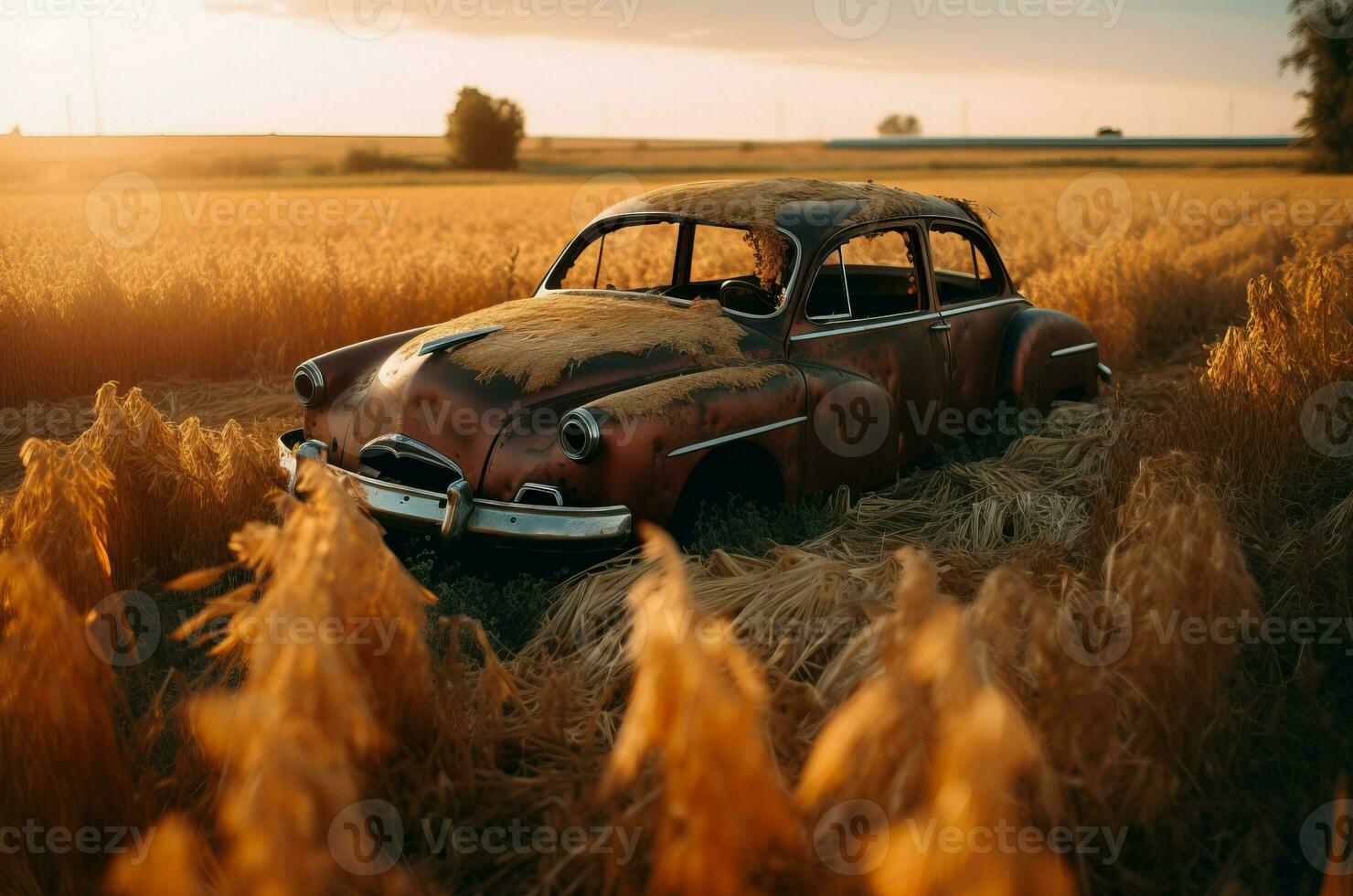 ai generado roto antiguo coche en trigo campo. generar ai foto