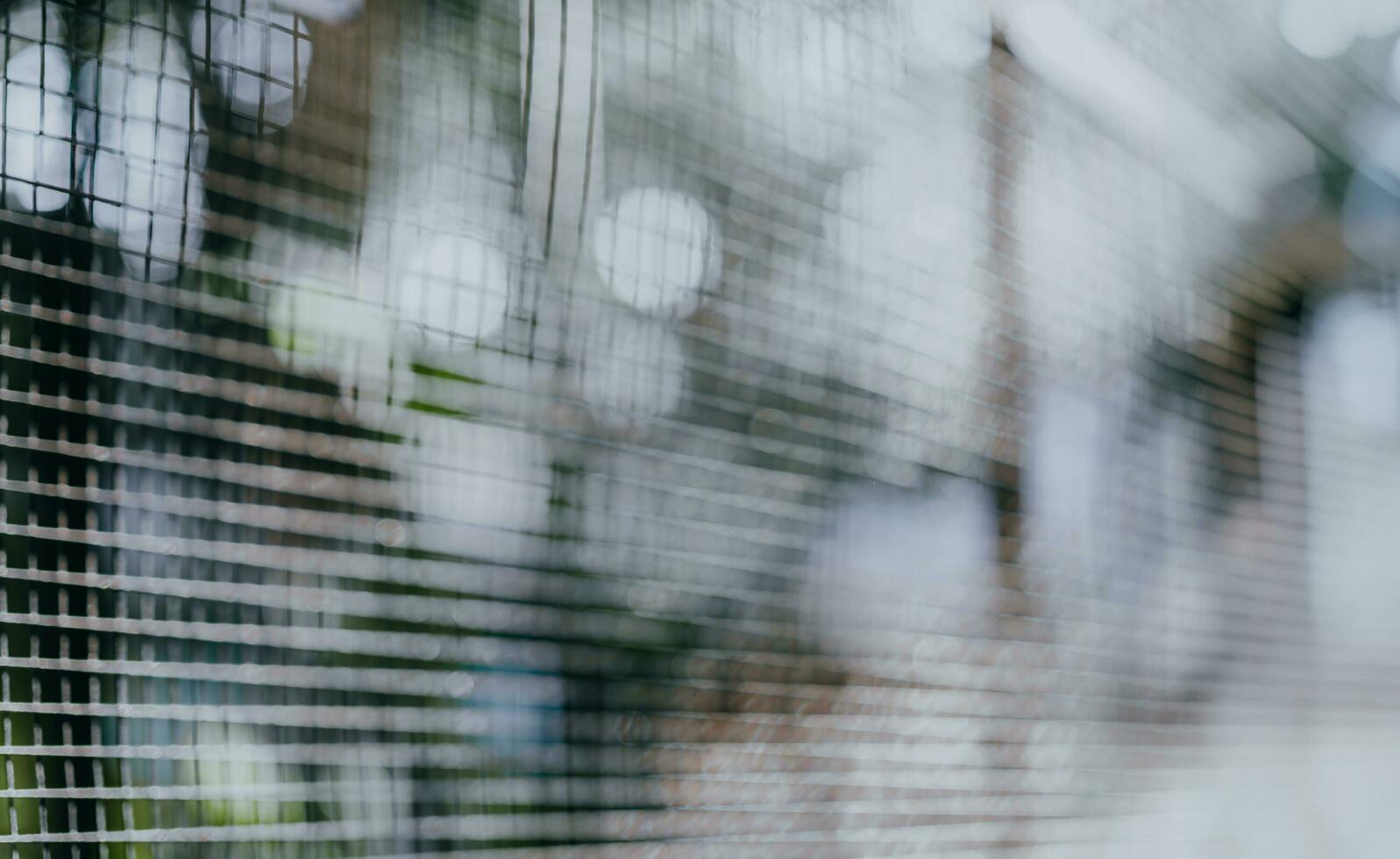 Metal net with green blured background, Steel Fence. Selective focus. Abstract background. photo