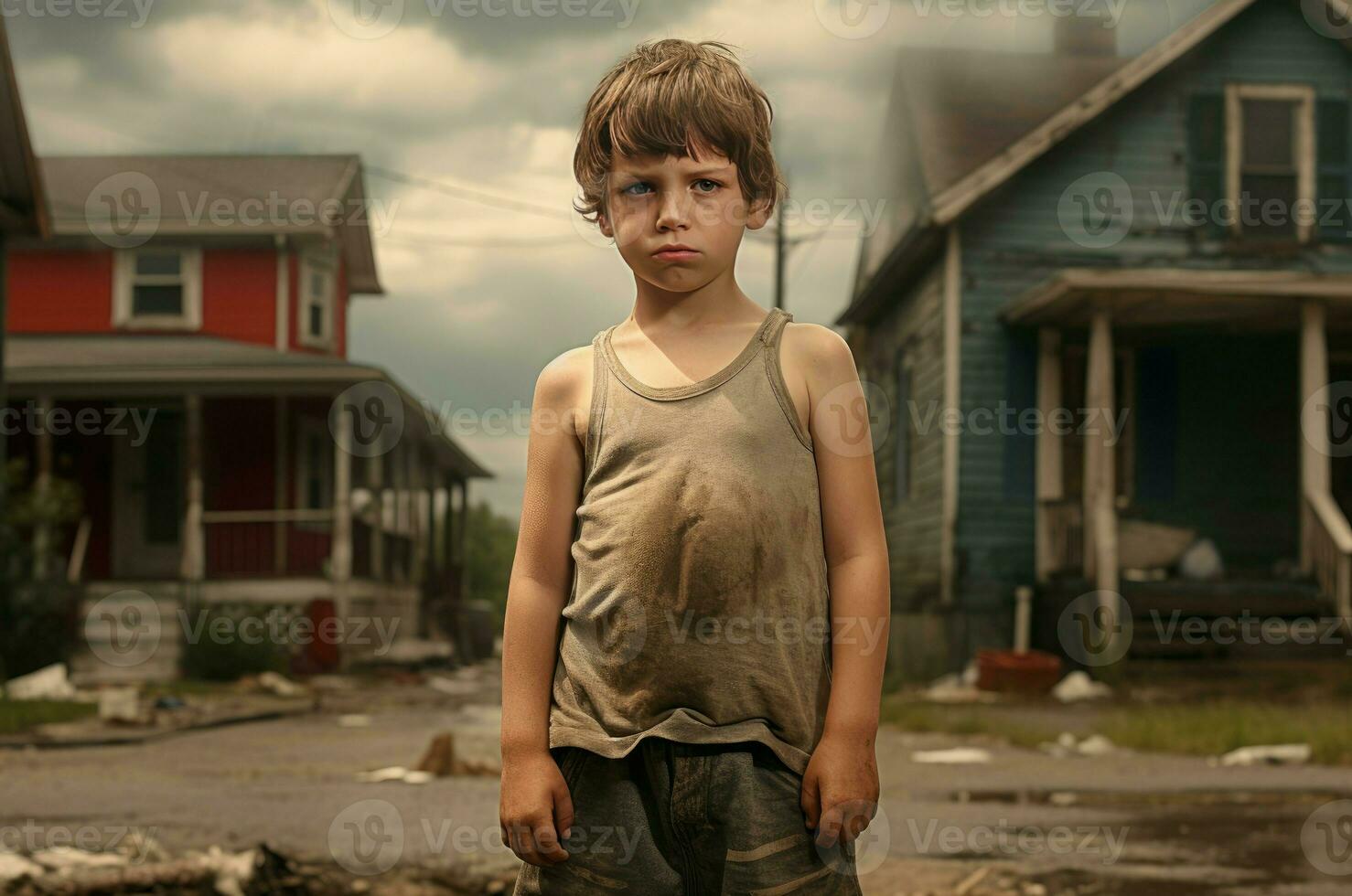 AI generated Impoverished Little boy standing in poor neighborhood. Generate ai photo