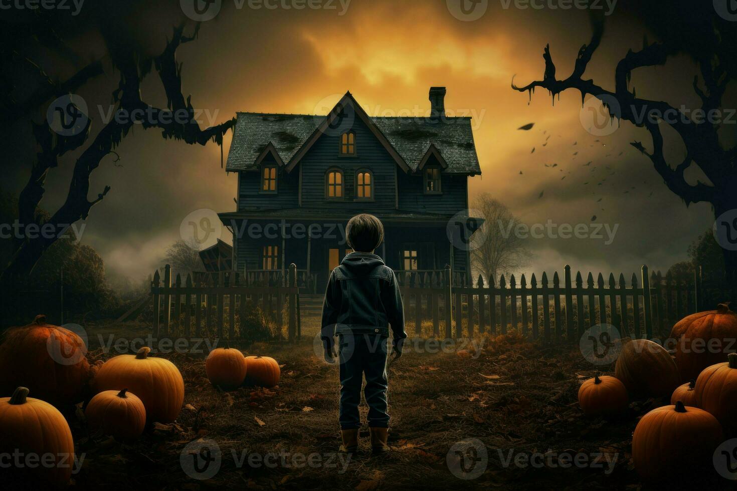 AI generated Eerie Boy halloween house. Generate Ai photo