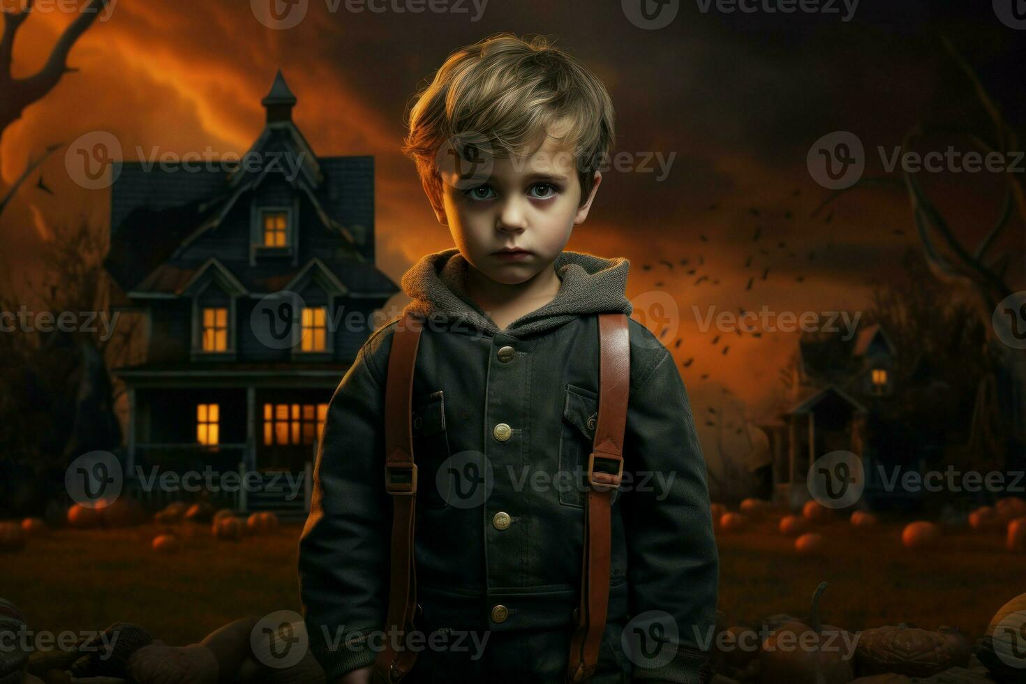 AI generated Imaginative Boy halloween house. Generate Ai photo