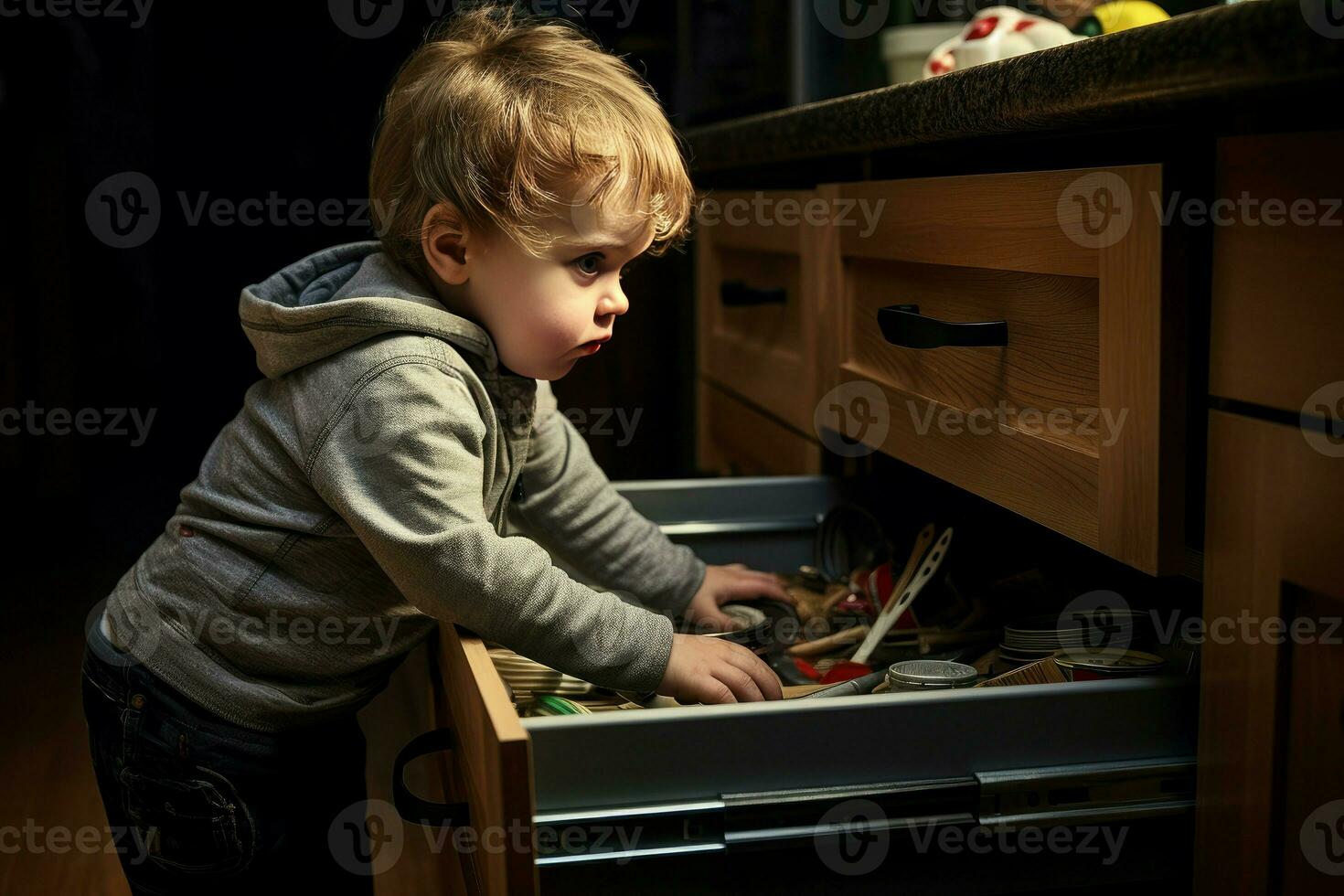 AI generated Unguided Child exploring kitchen drawer. Generate AI photo