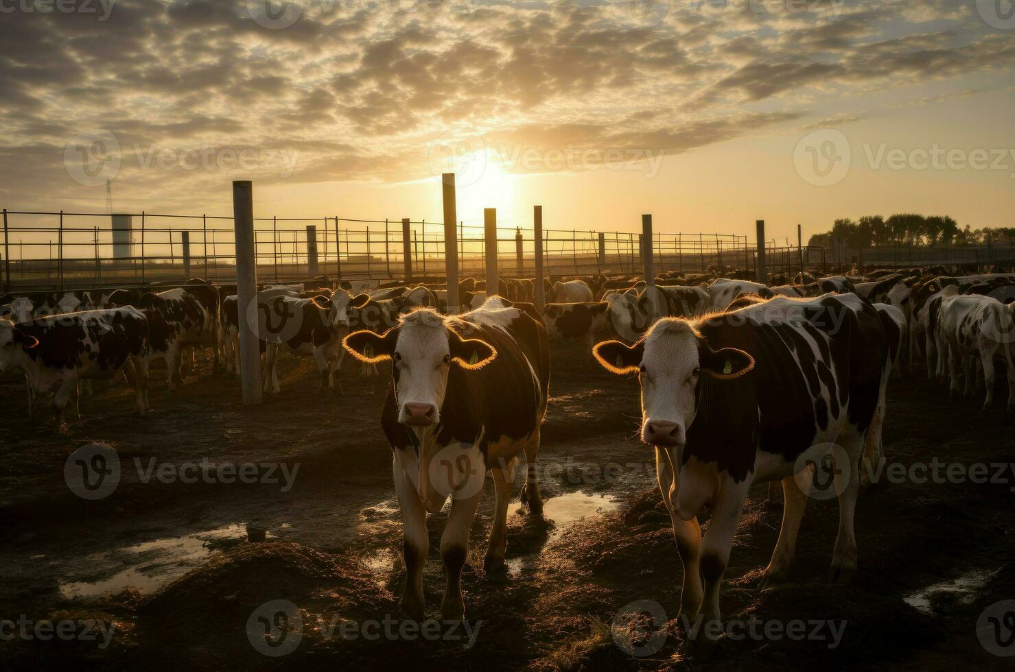 ai generado bovino negro y blanco vacas en ganado bolígrafo. generar ai foto