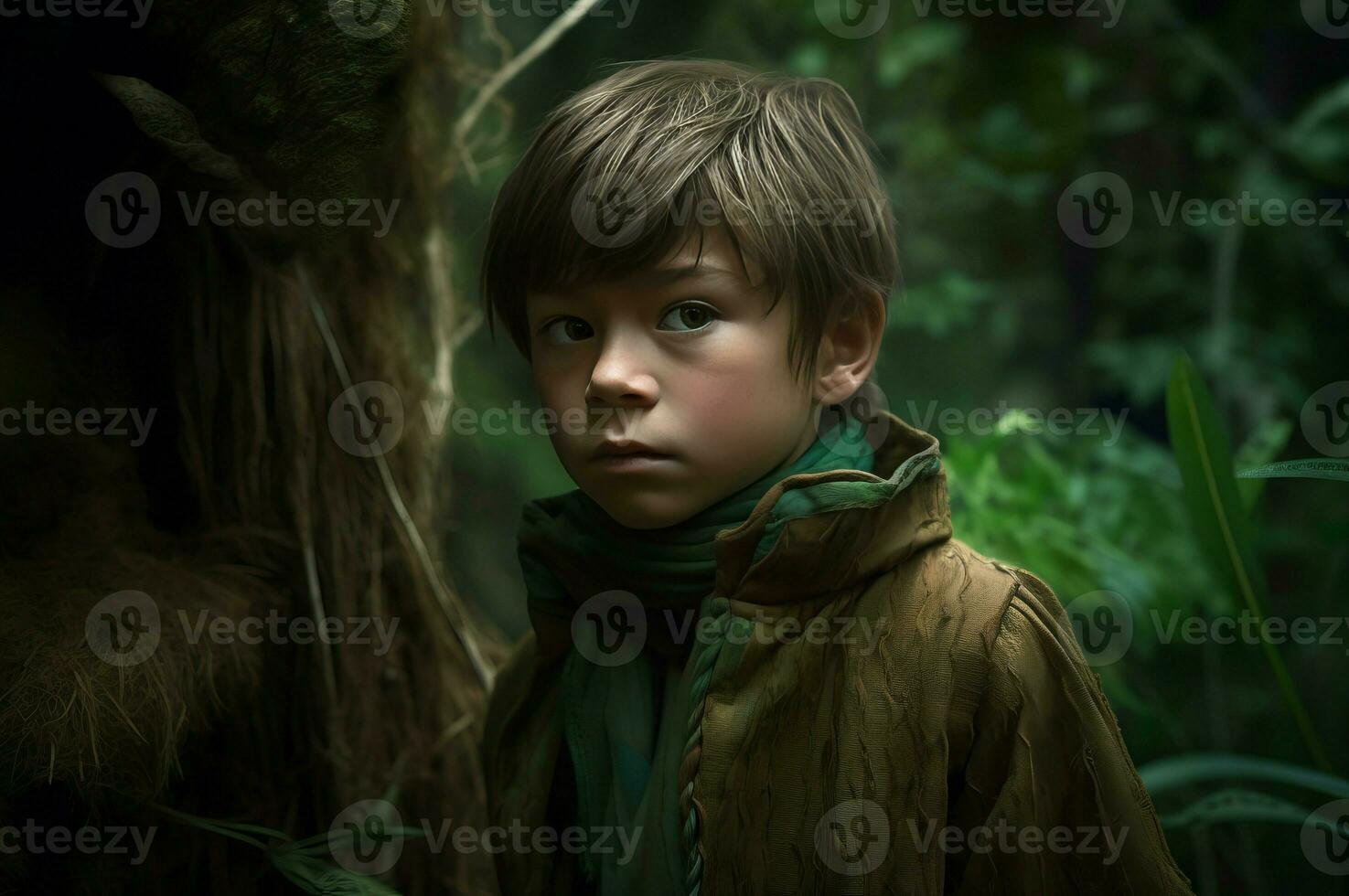 AI generated Lost kid in mystic green forest. Generate ai photo