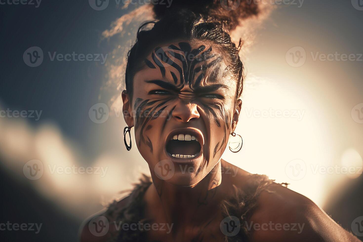 AI generated Maori yelling woman with angry face. Generate ai photo