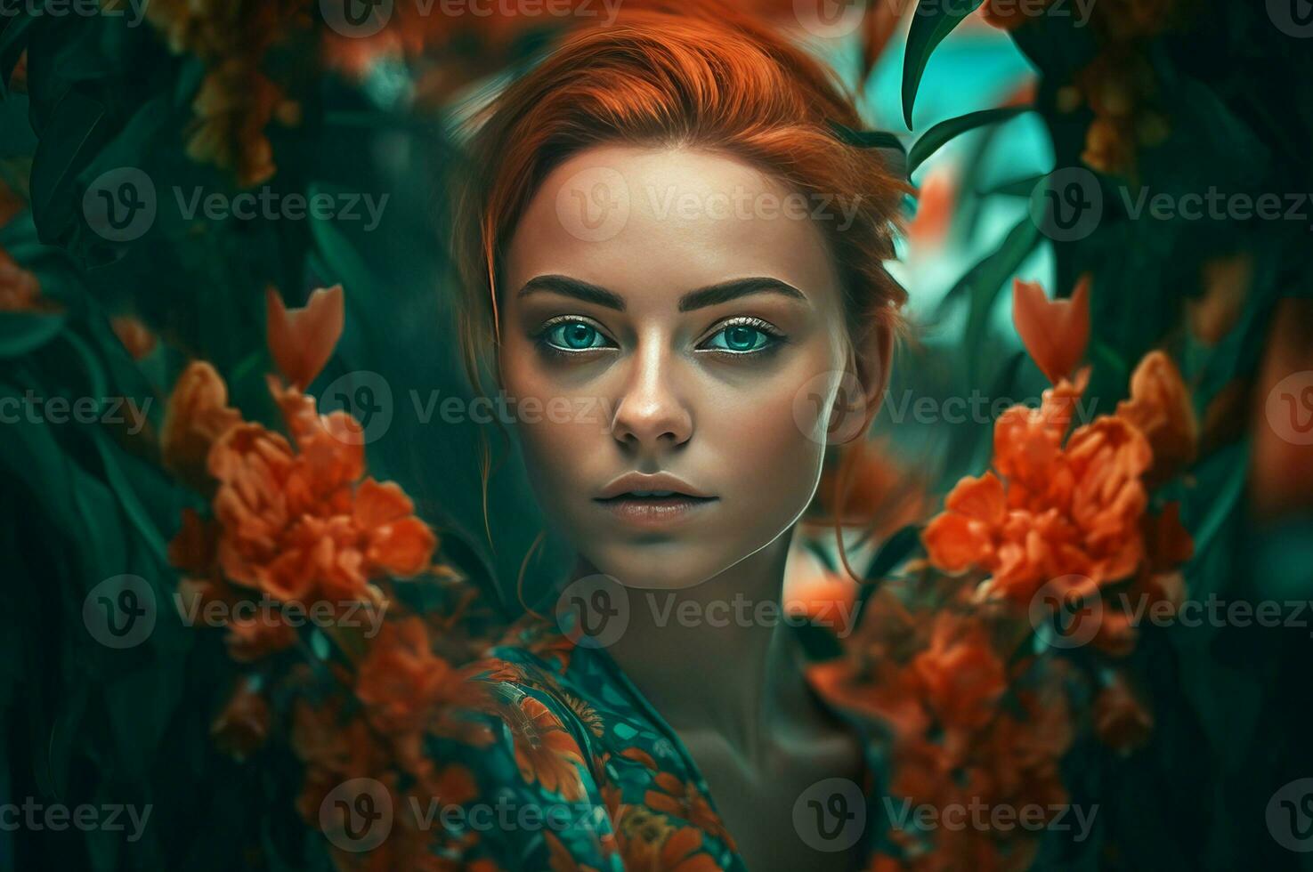 Redhaired woman posing on blossom red frame background. Generate ai photo