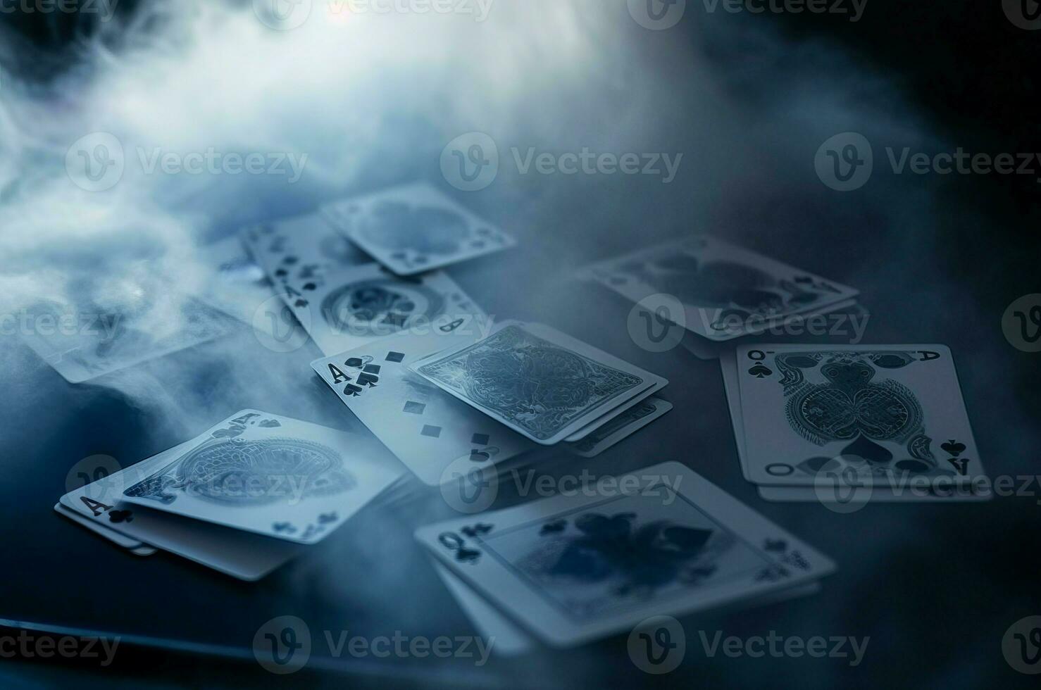 Poker casino playing cards in smoke fog. Generate ai photo