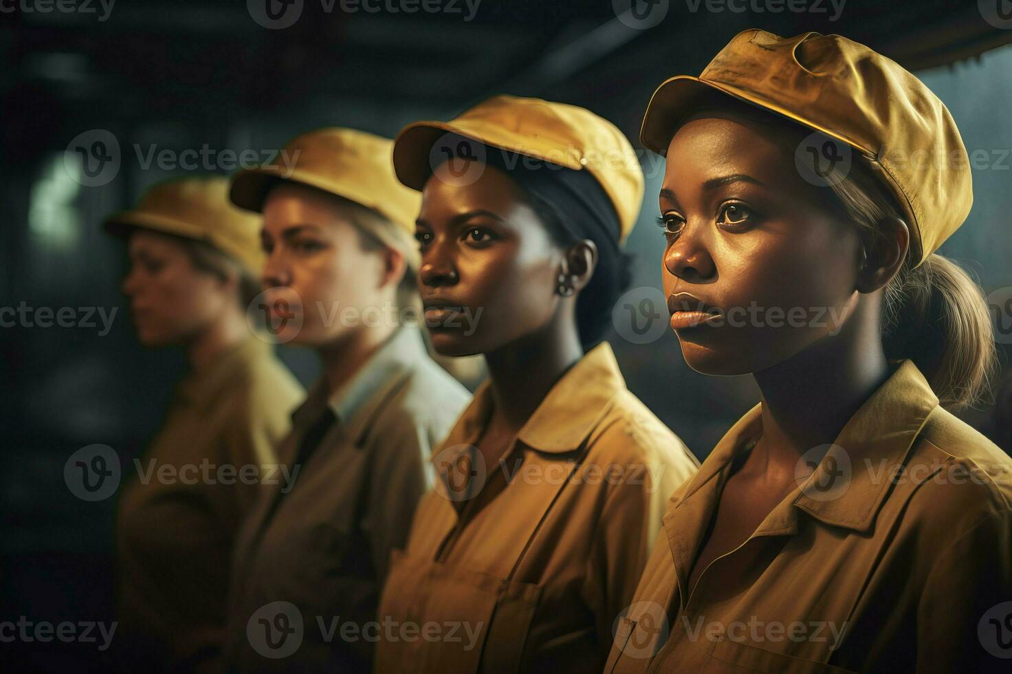 Workers standing on assembly line. Generate ai photo