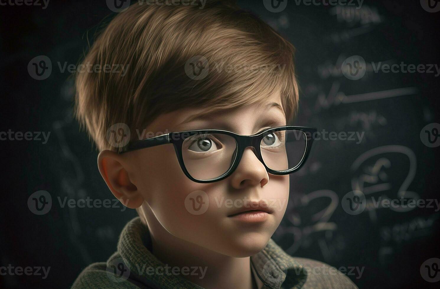 Young boy with glasses posing in front of school chalkboard. Generate ai photo