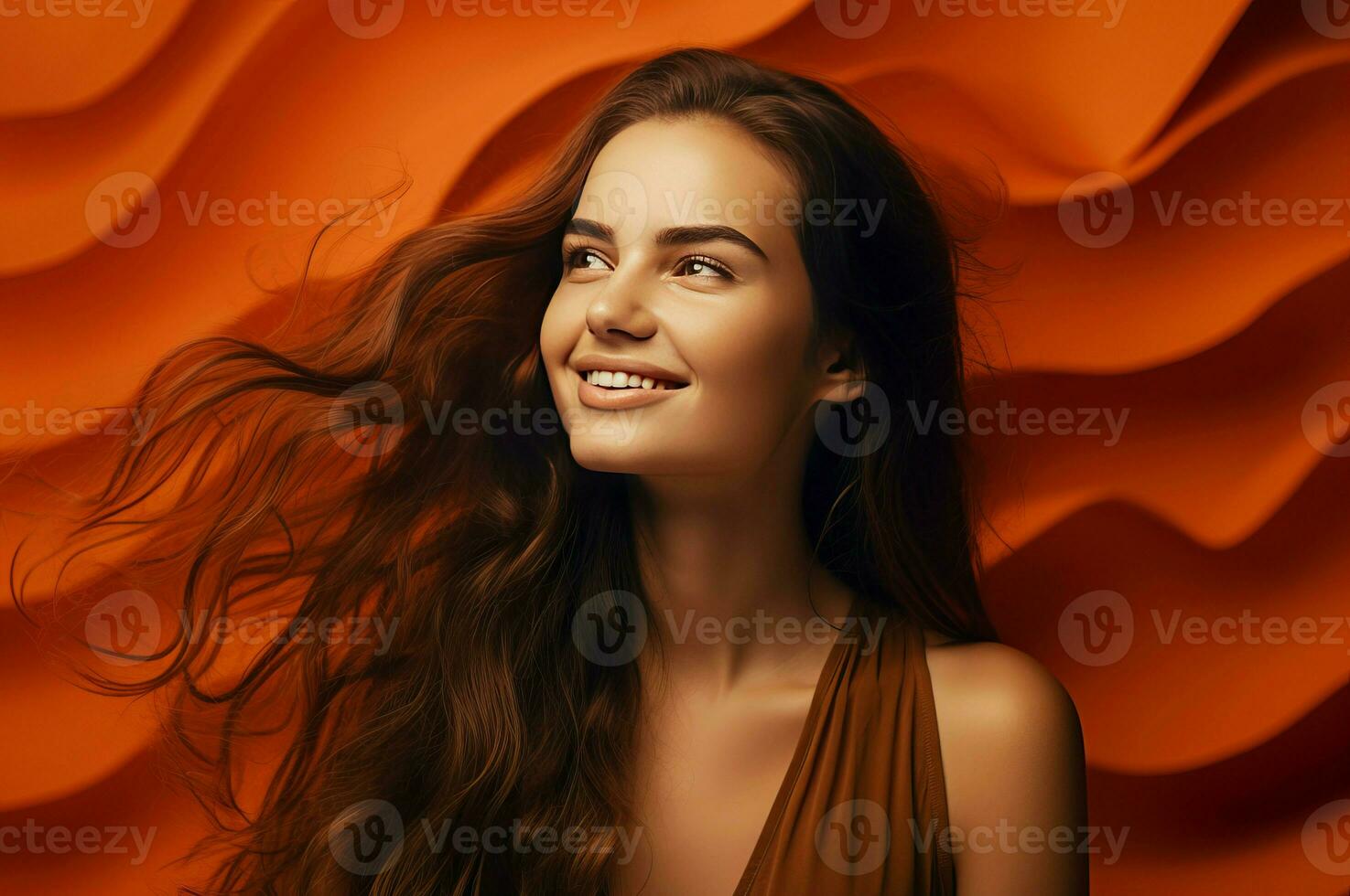 AI generated Beautiful smiling girl posing on orange wavy background. Generate ai photo