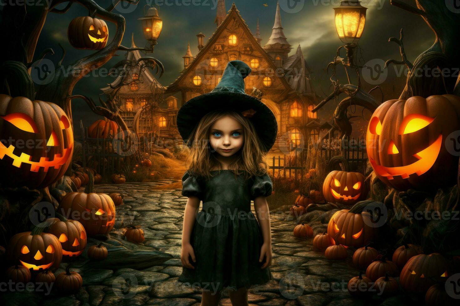 AI generated Atmospheric girl halloween house. Generate Ai photo