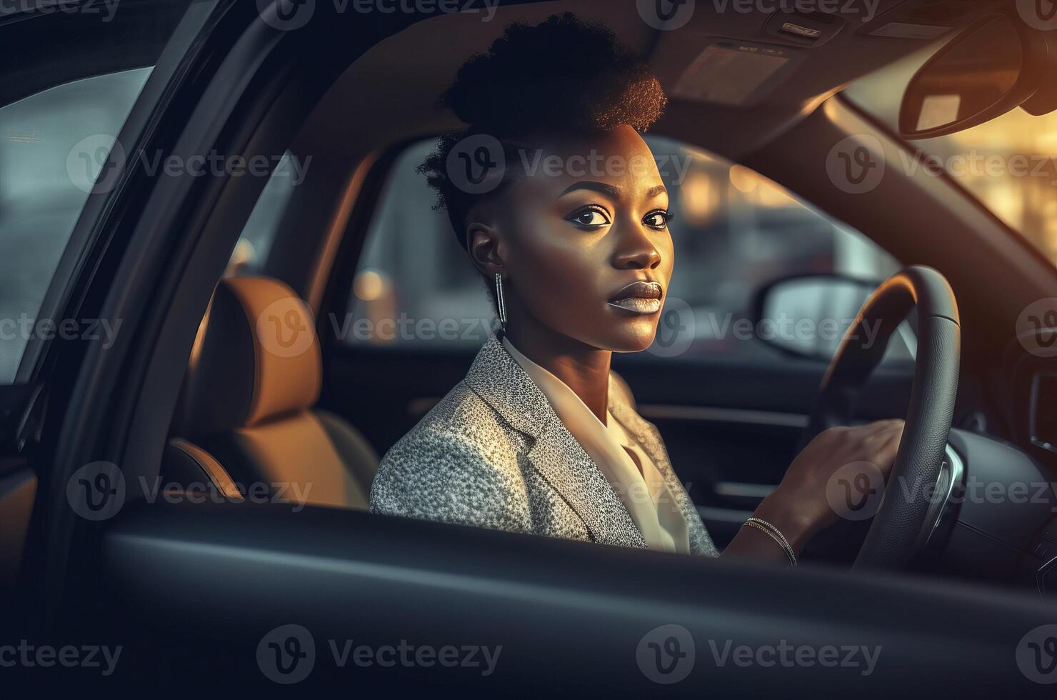 AI generated African female business entrepreneur in car. Generate ai photo