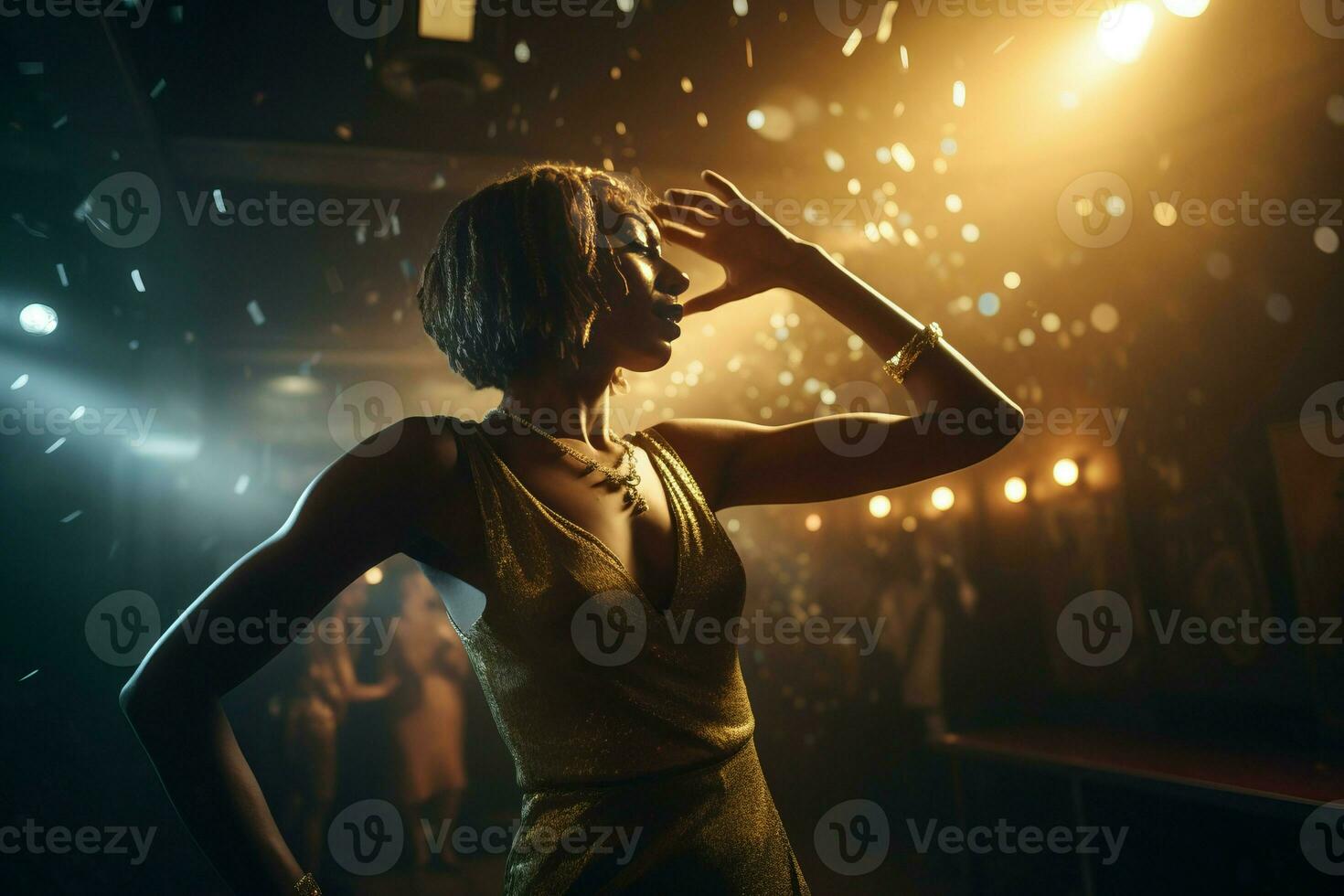 AI generated Fashionista woman dancing in blues club. Generate ai photo