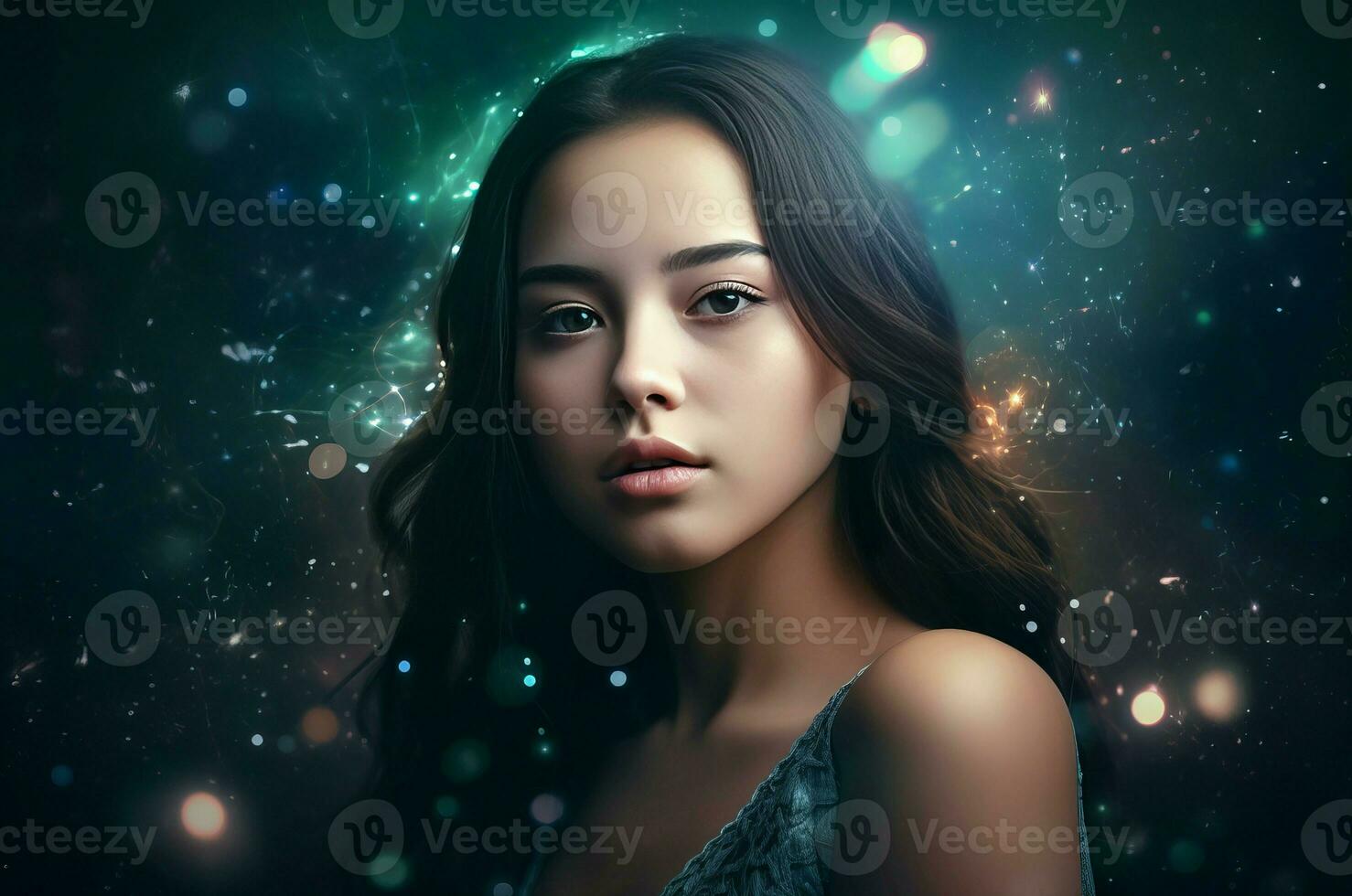 AI generated Girl studio shot on galactic stellar sky. Generate ai photo