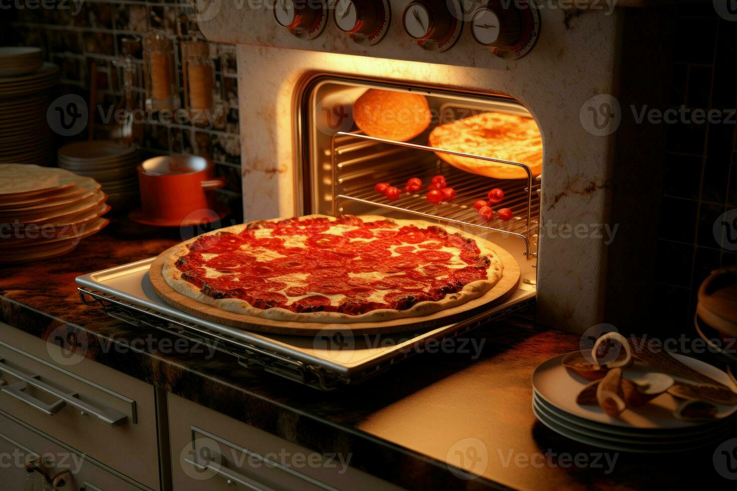 AI generated Sizzling Kitchen oven pizza. Generate Ai photo