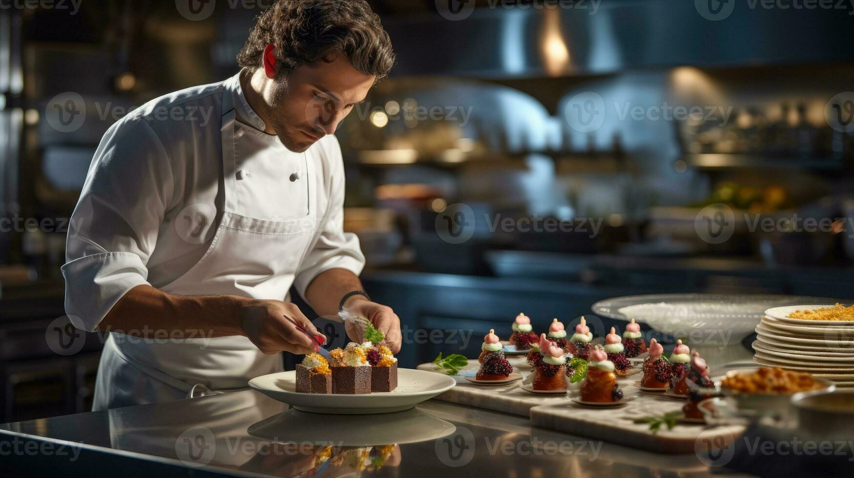 AI generated Chef preparing a gourmet dessert in an open kitchen photo