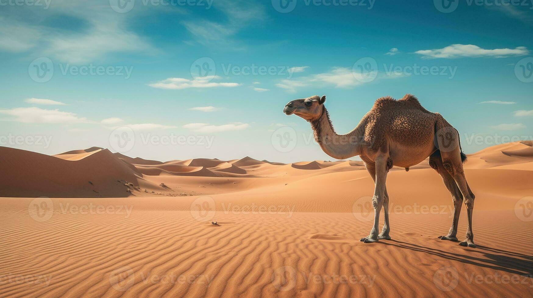 AI generated Camel stands against the backdrop of the endless desert photo