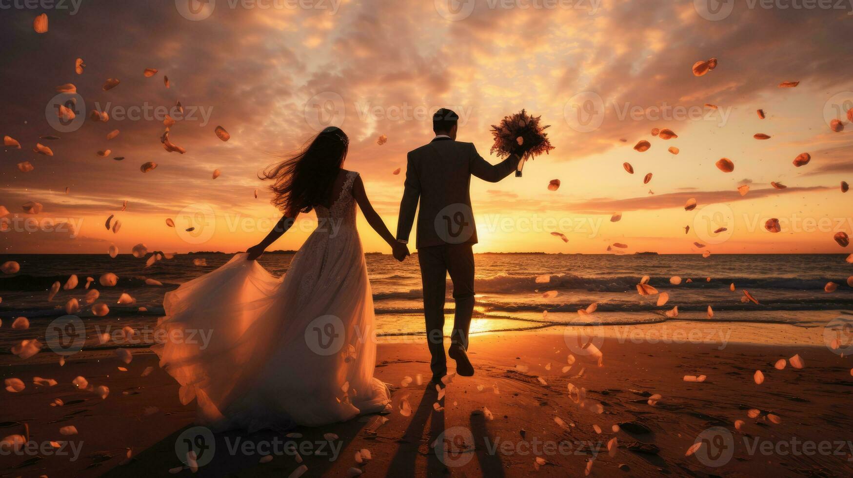 AI generated Happy couple celebrating wedding ceremony on the beach, luxurious sunset photo