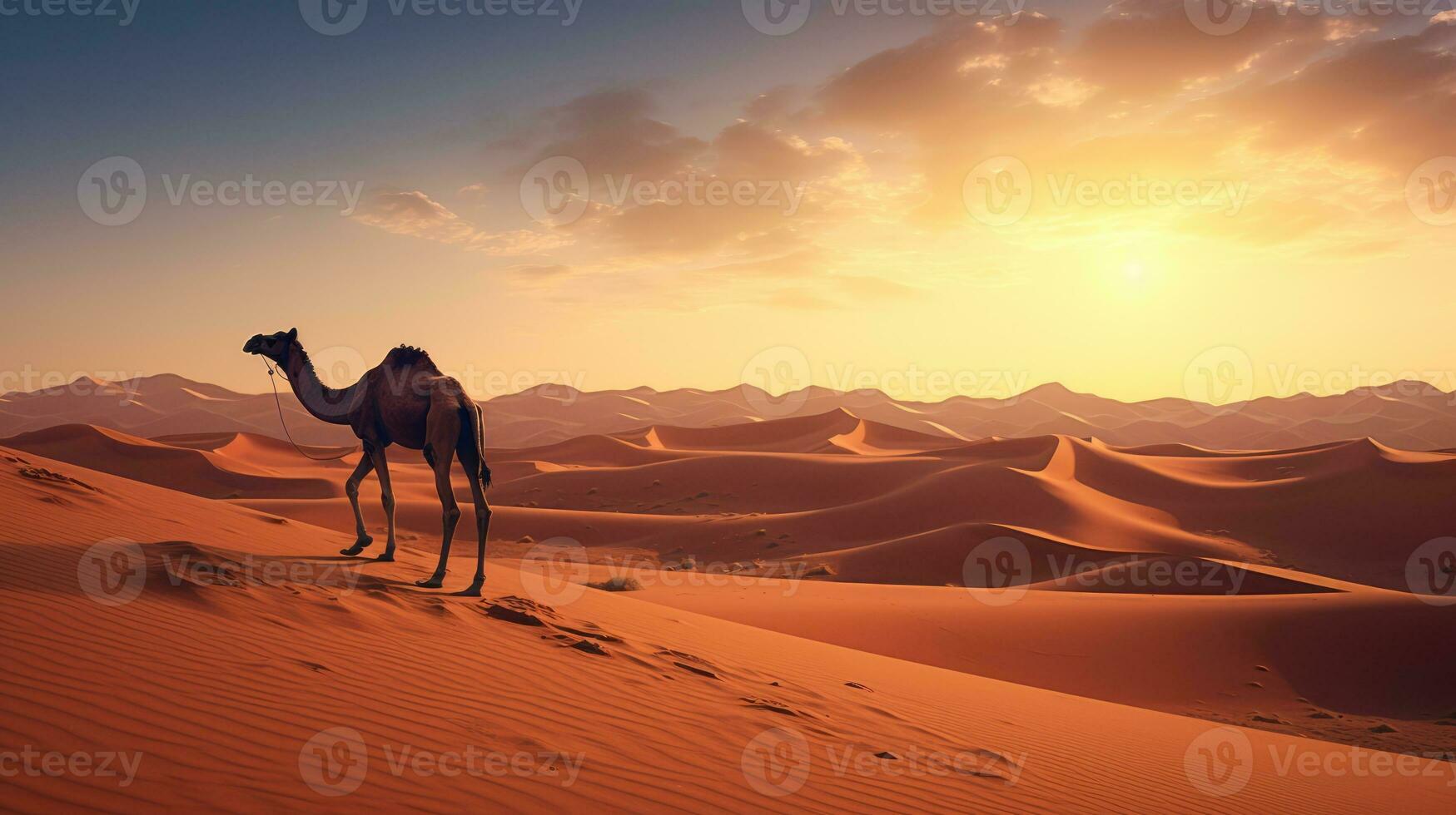 AI generated Camel stands against the backdrop of the endless desert photo