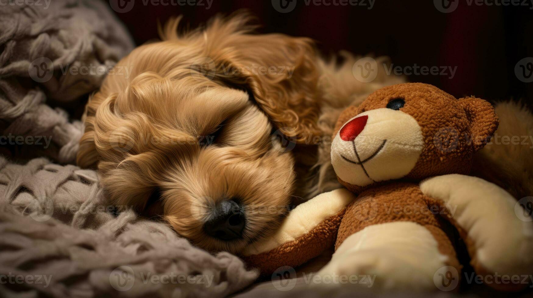 ai generado linda perro duerme en un suave almohada. el perrito duerme en un abrazo con suave juguete foto