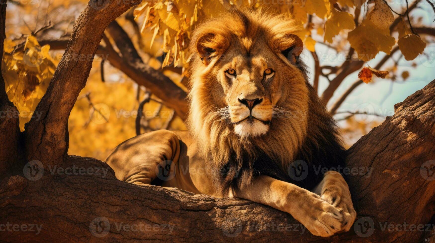 ai generado león descansa en el sombra de árboles, majestuosamente topografia su territorio foto