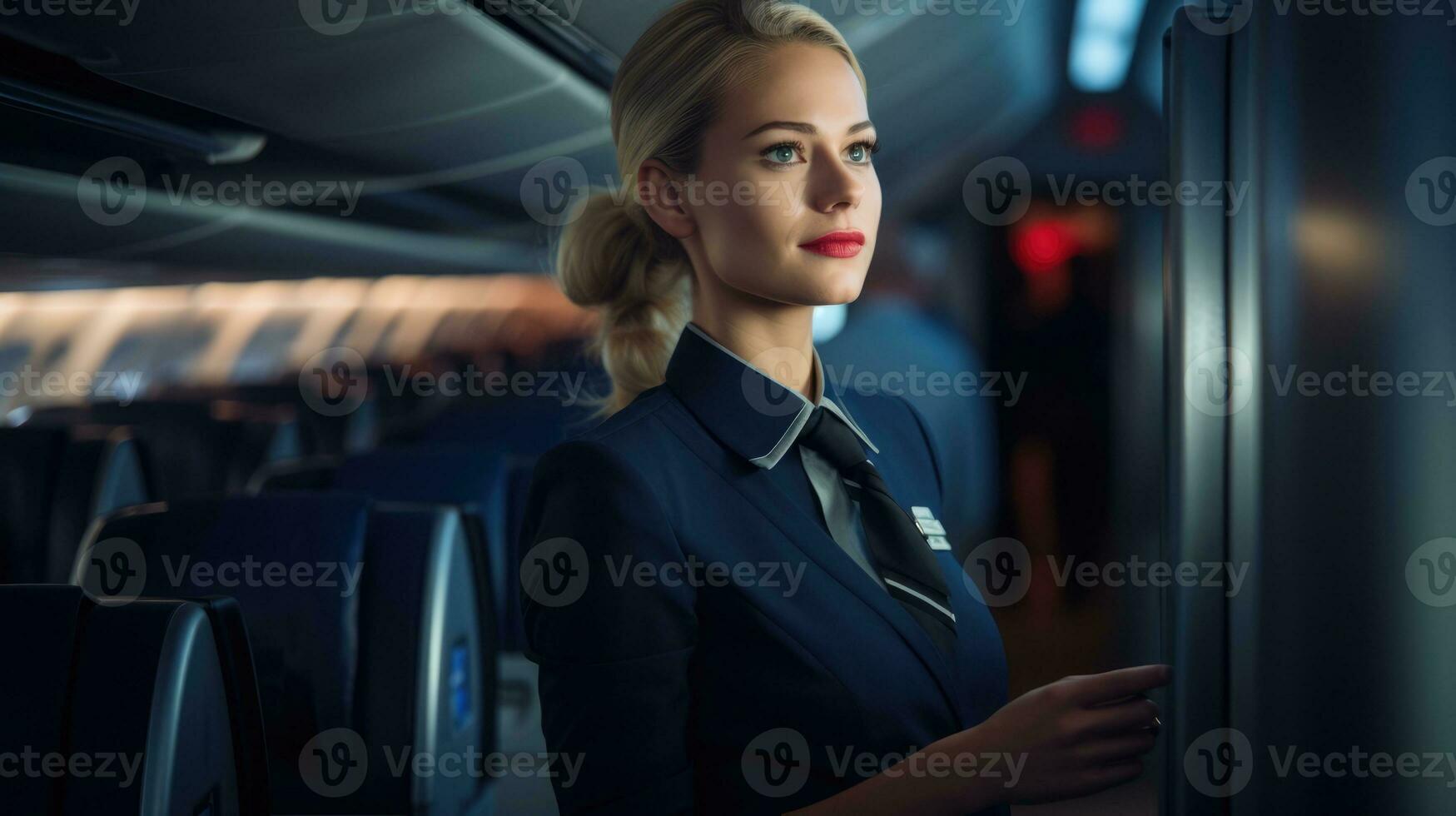 AI generated Flight attendant checks the plane readiness for flight photo