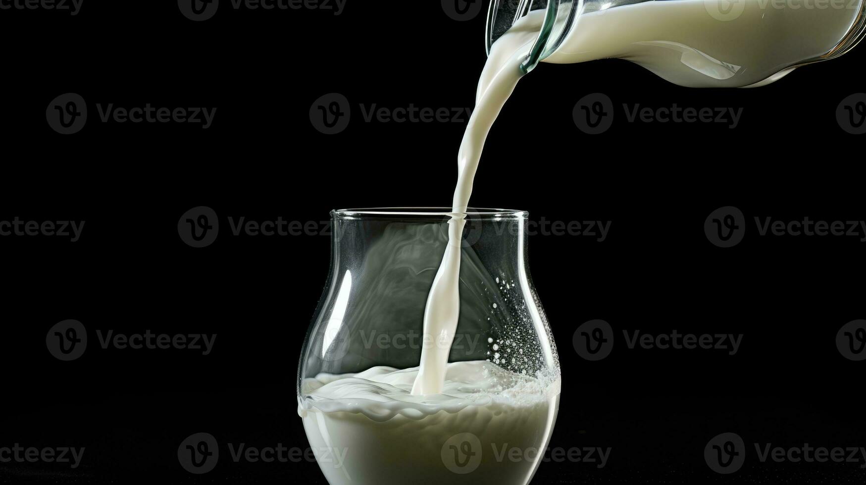 AI generated Pouring fresh milk into the glass with splashing on black background. photo