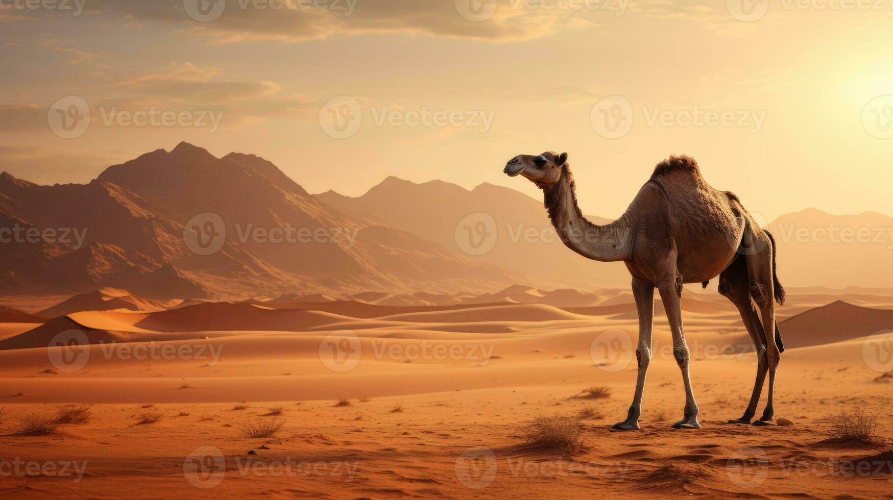 AI generated Camel stands against the backdrop of the endless desert photo
