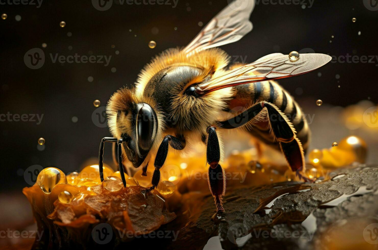 AI generated Buzzing Macro bee drops. Generate Ai photo