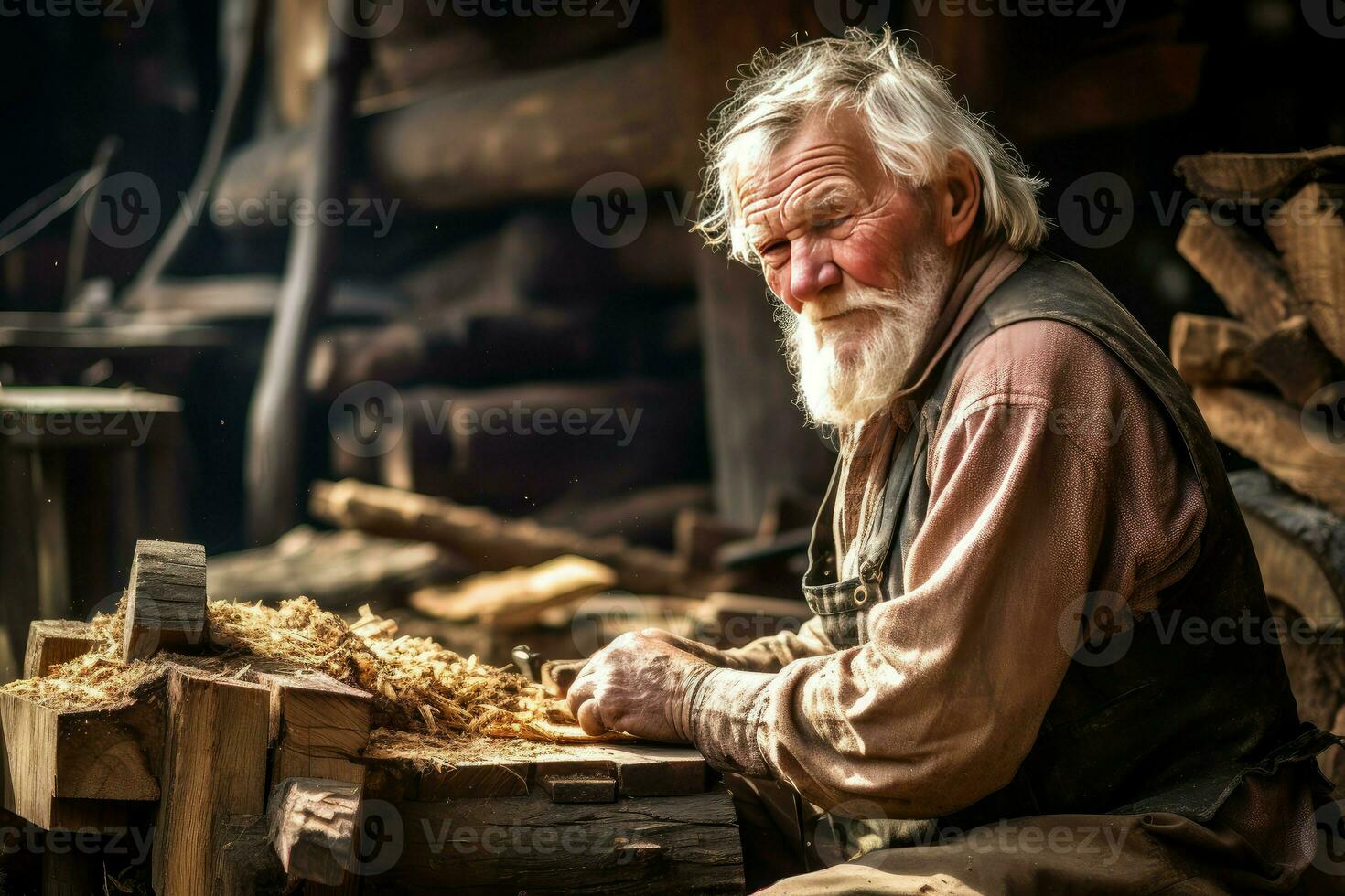 AI generated Carpenter old man sawmill. Generate Ai photo