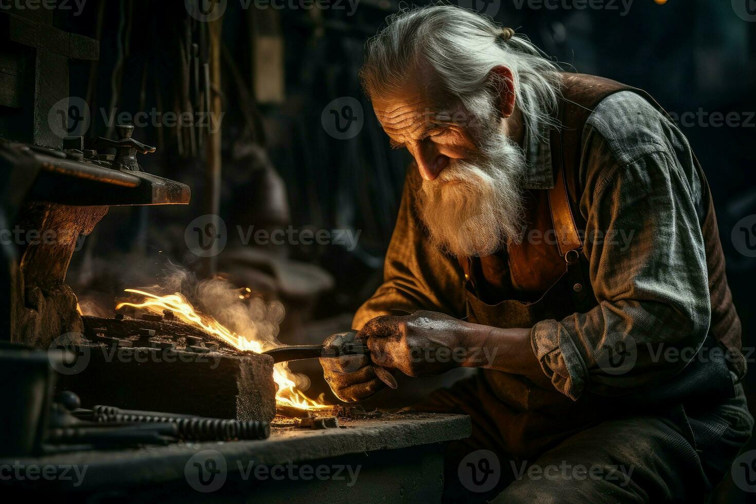 AI generated Blacksmith old man work forge. Generate Ai photo