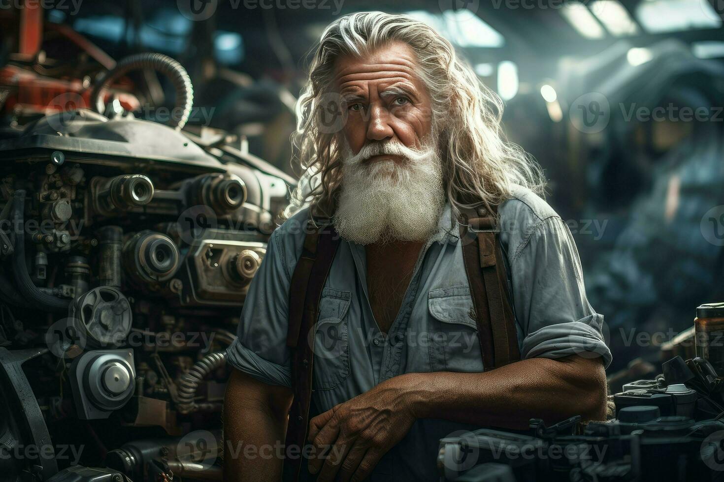 AI generated Engineer old man car motor assembly shop. Generate AI photo