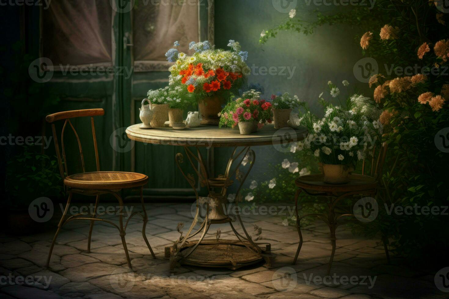 AI generated Outdoor medieval patio furniture with floral decorations. Generate ai photo