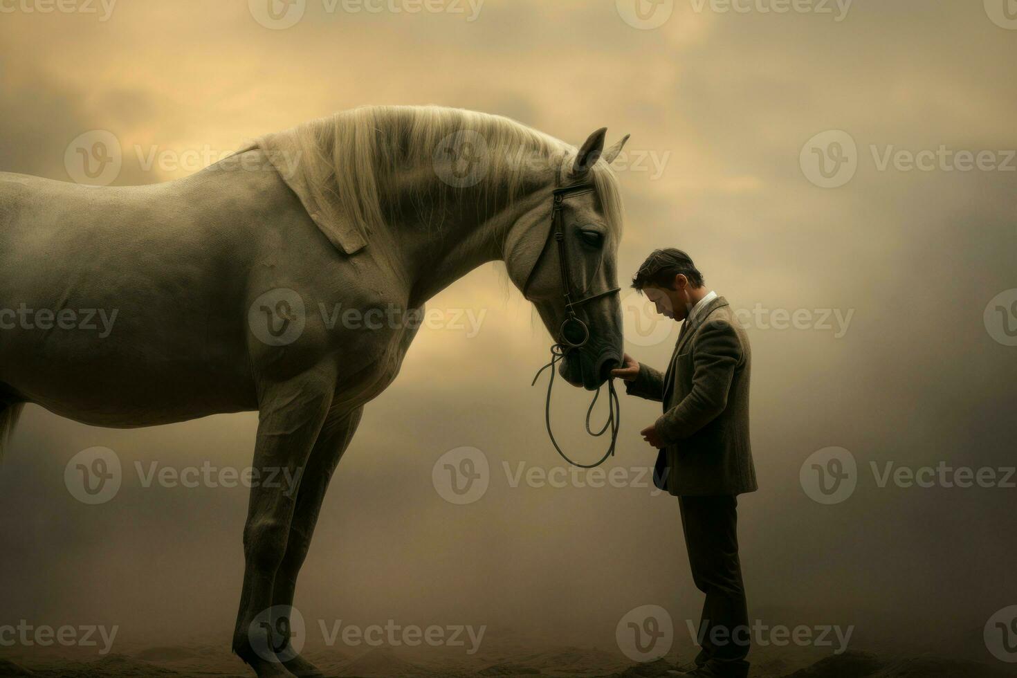 AI generated Gentle Man touching horse. Generate Ai photo