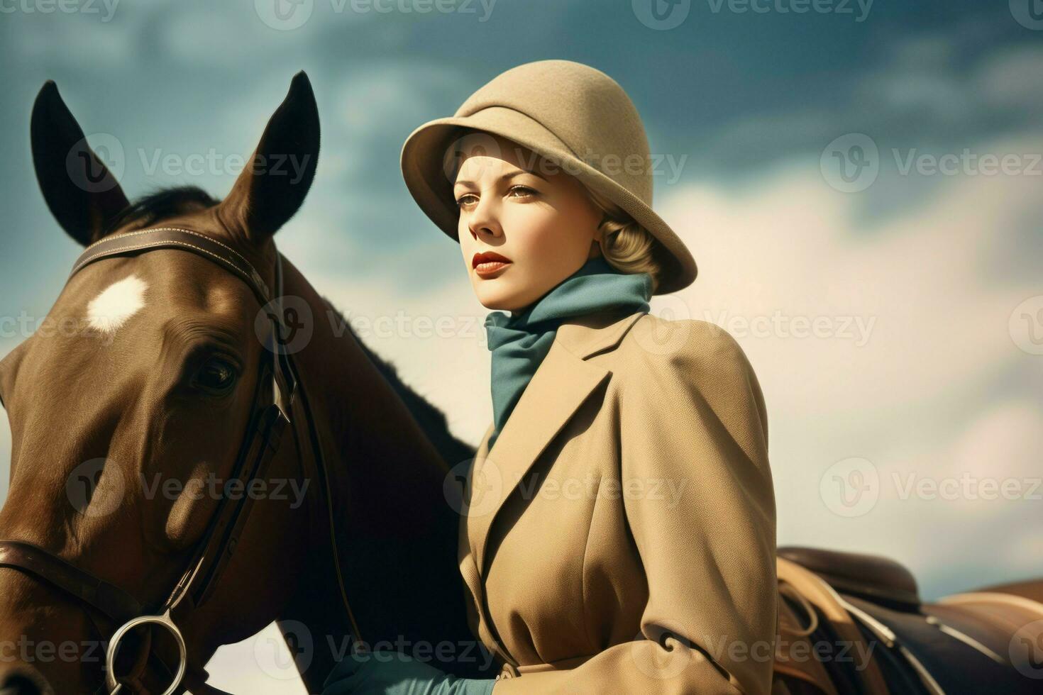 AI generated Pretty horsewoman with horse. Generate AI photo