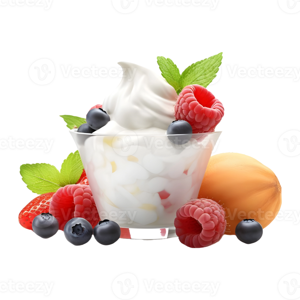 AI generated Whipped Cream Bowl with Strawberries on Transparent background - Ai Generated png