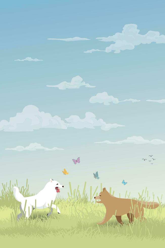 Both of dogs playing together on grass field in spring season flat design vector illustration. Dog unleashed in dog park.
