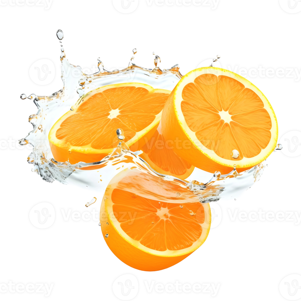 AI generated Fresh Oranges Pieces in Air with Water Splashes on Transparent background - Ai Generated png