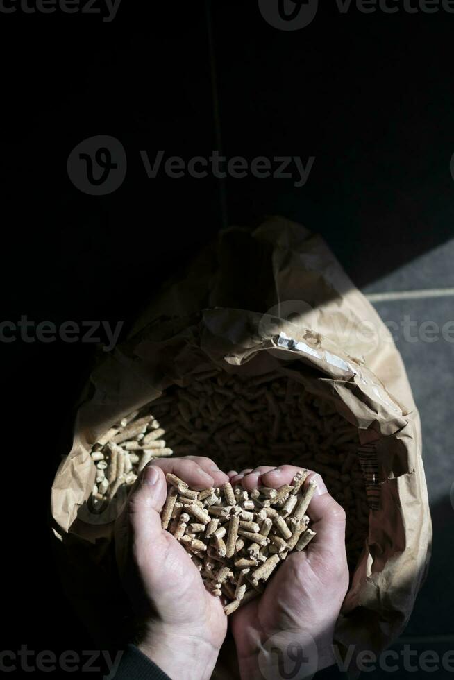 Man's hands holding fir pellet above a kraft bag photo