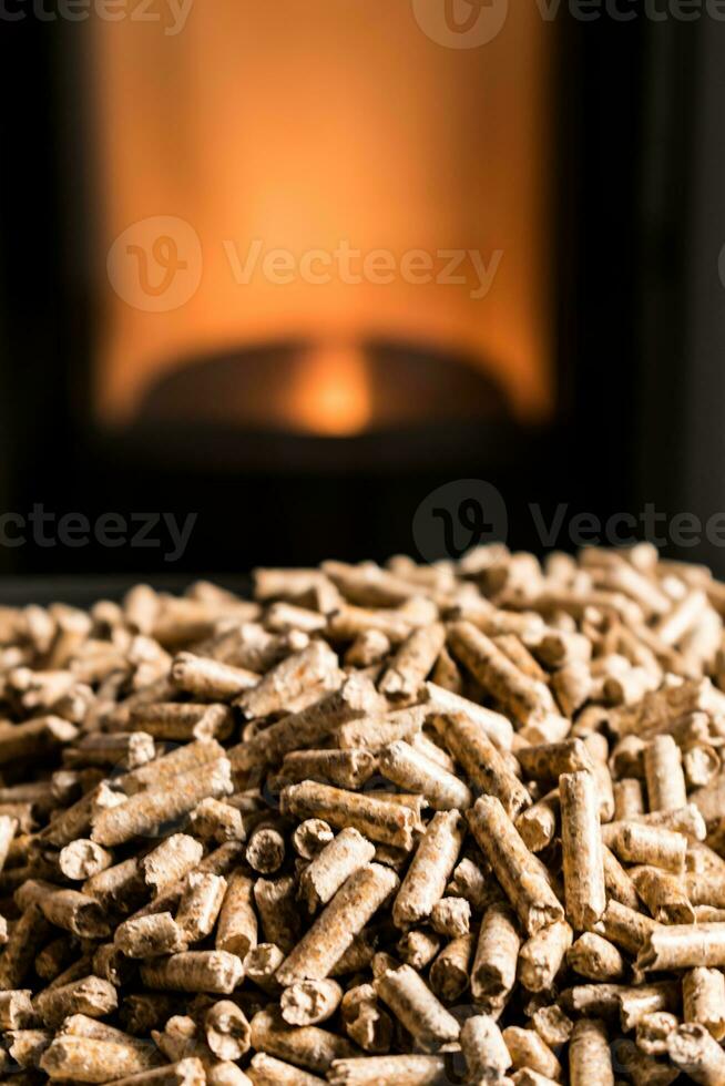 Modern domestic pellet stove, granules stove with flames photo