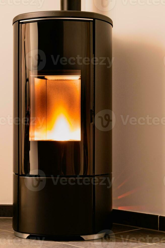 Modern domestic pellet stove, granules stove with flames photo