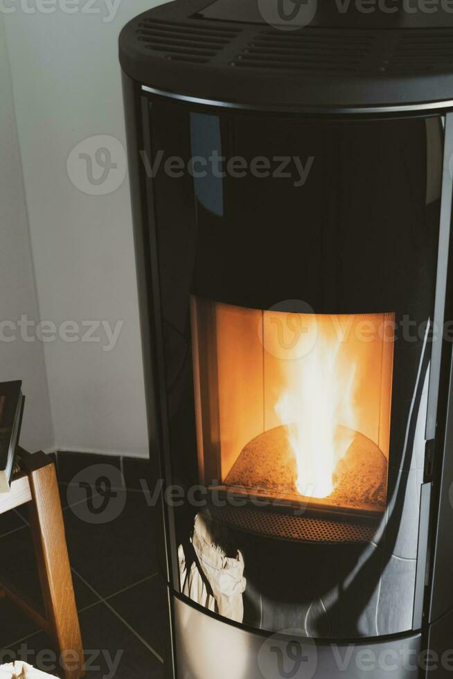 Modern domestic pellet stove, granules stove with flames photo