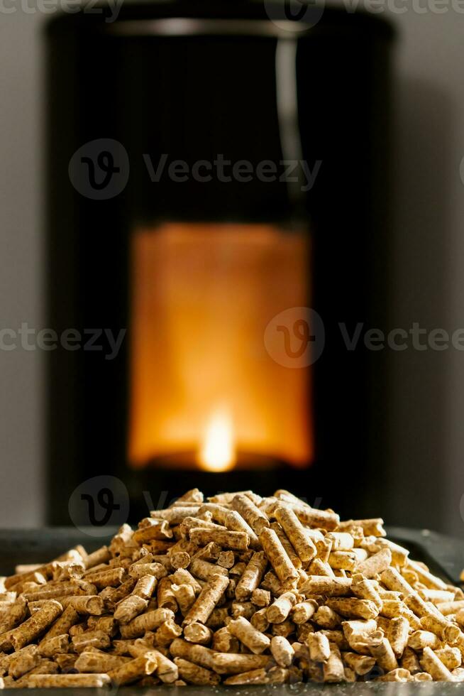 Modern domestic pellet stove, granules stove with flames photo