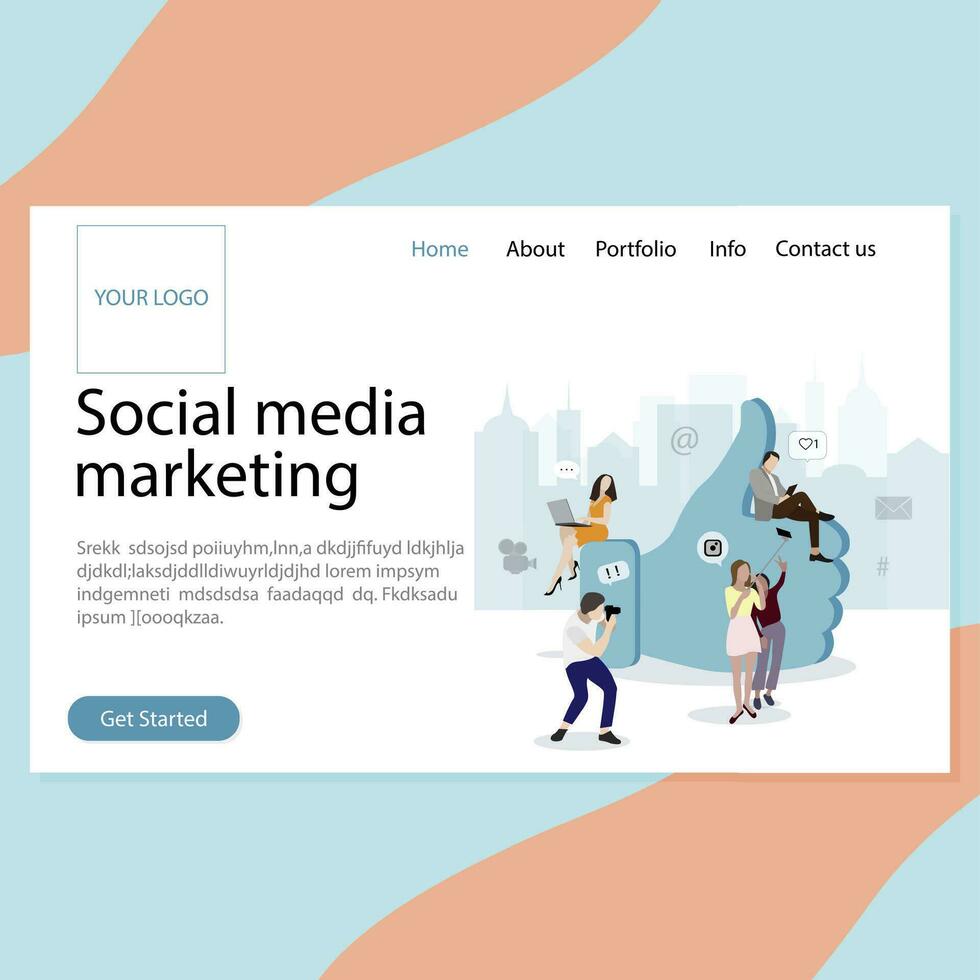 SMM service landing page. Promotion in social media, increase followers consumers and likes. Development and promotion business in social media network with modern tools smm. Vector illustration