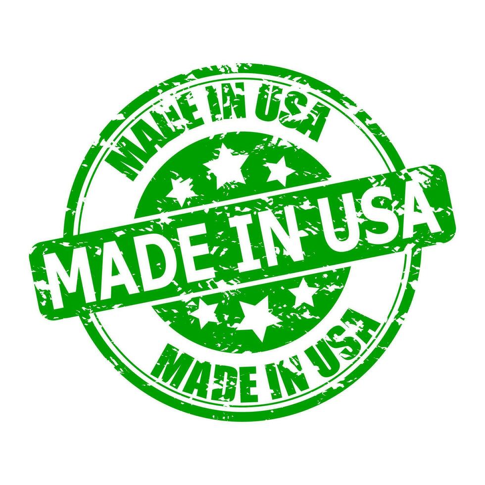 Marks texture made in USA. Seal for post to parcel or clothes. Green print made in america with stars. Vector illustration